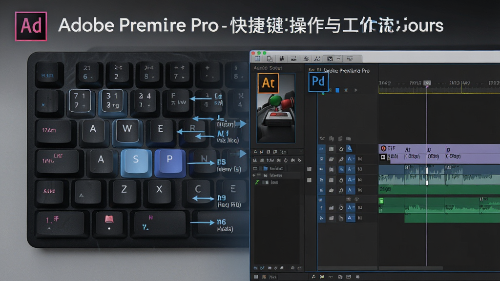 一张展示Adobe Premiere Pro快捷键操作与工作流优化的示意图,主体为键盘与软件界面结合,布局左侧为键盘按键高亮,右侧为时间线操作画面,排版简洁,风格为科技教育风格,细节包括快捷键标注、箭头指示、软件图标,画面干净,画质为高清,无多余元素。