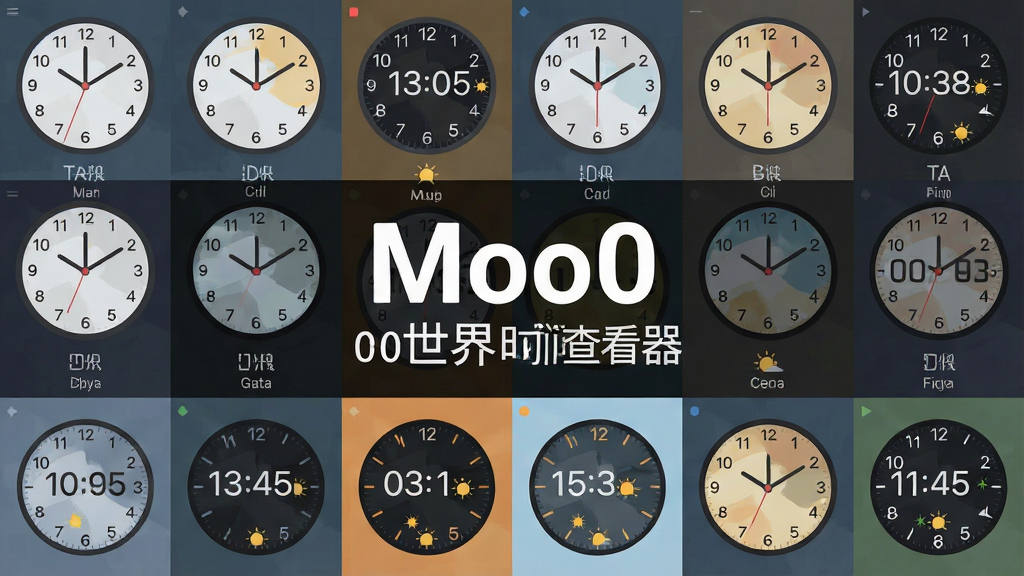 主体是多个圆形模拟时钟和数字时钟组合界面,布局为网格状排列,排版展示不同时区时间,风格为扁平化UI设计,细节包含城市名称标签和昼夜图标,画质高清,干净,无多余元素,画面中打文字“Moo0 世界时间查看器”