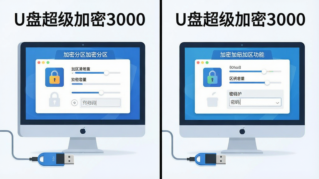 一张展示U盘超级加密3000加密分区功能的图片,主体为一个U盘和电脑屏幕,布局为U盘连接电脑后屏幕上显示加密分区创建界面,排版为左右分栏,风格为科技感扁平插画风格,细节包括加密锁图标、分区容量滑块、密码输入框等元素,画面中显示文字“U盘超级加密3000”,画质清晰,干净,无多余元素