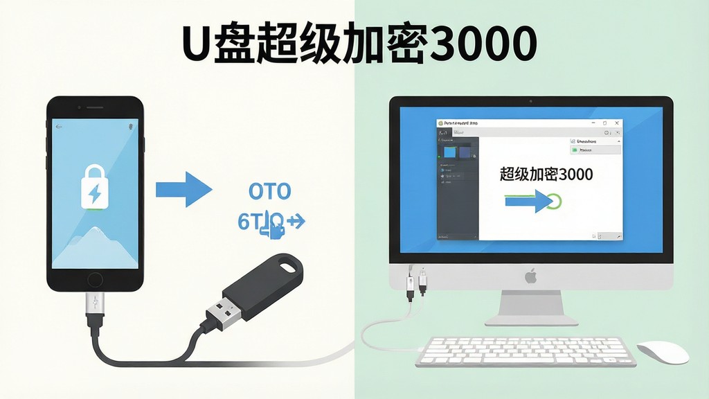 一张展示U盘超级加密3000新手操作步骤的图片,主体为手机与电脑同时连接U盘的场景,布局为左侧手机通过OTG线连接U盘、右侧电脑显示软件界面,排版为对比式构图,风格为扁平化教程插图风格,细节包括OTG线、U盘、手机屏幕、电脑屏幕、操作箭头等元素,画面中显示文字“U盘超级加密3000”,画质清晰,干净,无多余元素