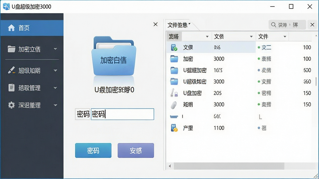 一张展示U盘超级加密3000软件界面的图片,主体为电脑屏幕上的软件主窗口,布局为左侧功能导航、右侧文件列表区域,排版简洁清晰,风格为现代软件UI截图风格,细节包括加密文件夹图标、密码输入框、功能按钮等元素,画面中显示文字“U盘超级加密3000”,画质清晰,干净,无多余元素