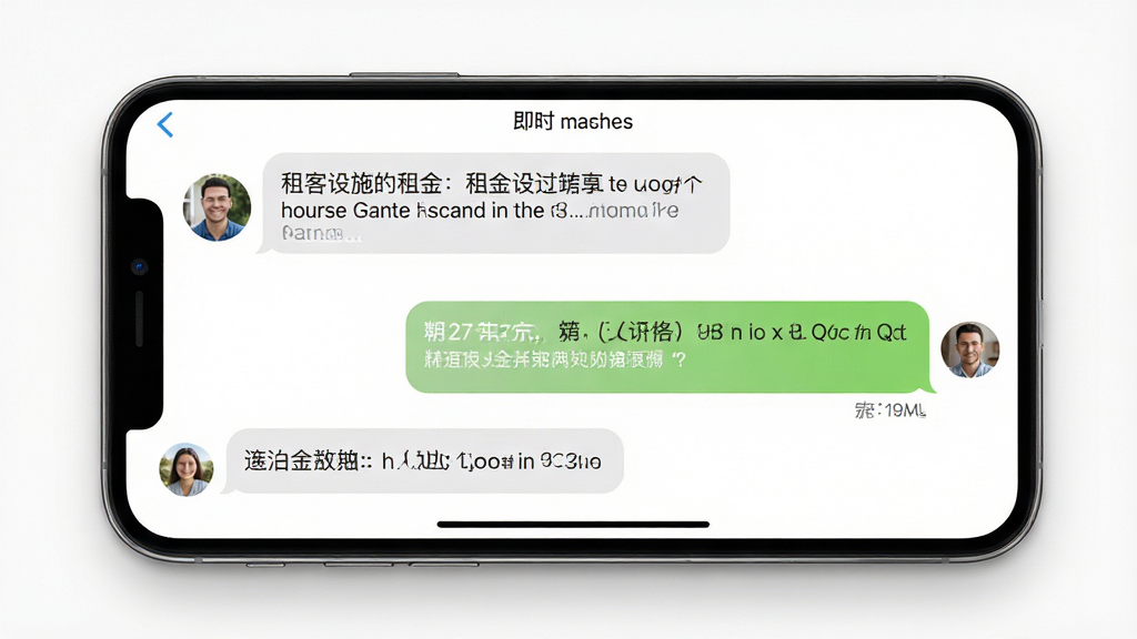 一张全意租软件内即时通讯界面的预览图,画面展示手机聊天窗口,左侧为租客提问气泡,右侧为房东回复气泡,聊天内容涉及房屋设施与租金,背景为干净的白色,布局居中,风格写实,细节丰富,画质清晰,无多余元素