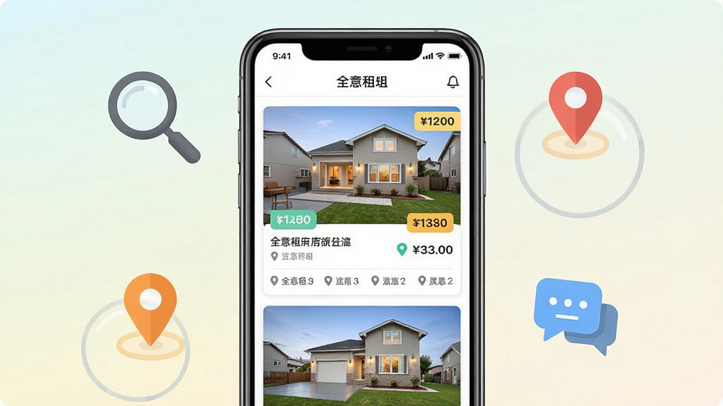 一张展示全意租软件核心界面的手机应用预览图,画面中央放置一部智能手机,屏幕内显示全意租APP的房源列表页面,包含房屋图片、价格标签和地理位置信息,背景为简洁的浅色渐变,周围环绕放大镜、定位图标和对话气泡等元素,整体风格清新明快,布局居中对称,画质清晰干净,无多余装饰元素