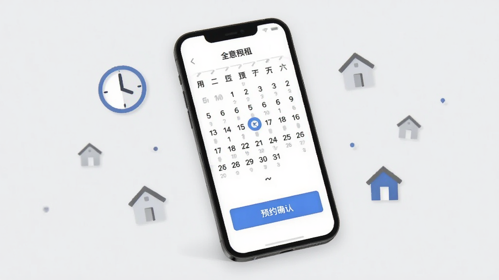 一张展示全意租在线预约功能的界面示意图,画面中央为手机屏幕,屏幕内显示日历选择控件与预约确认按钮,周围点缀时钟图标和房屋小图标,背景为浅灰色,布局简洁,风格现代,画质清晰,无多余元素