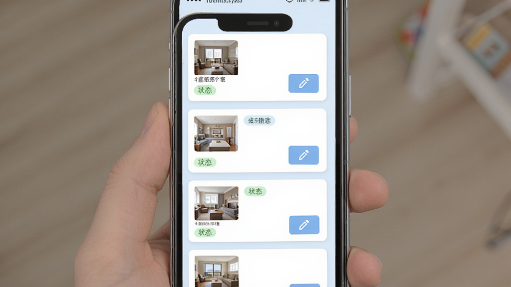 一张全意租房东端房源管理界面的示意图,画面展示手机屏幕内多个房源卡片以列表形式排列,每张卡片带有状态标签和编辑按钮,背景为淡蓝色,布局纵向排列,风格简约,画质干净,无多余元素
