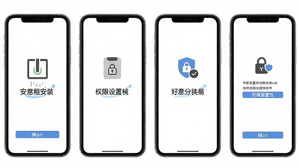 一张全意租应用安装与设置流程的示意图,画面以手机屏幕截图风格展示从下载安装到权限设置的四个步骤,每个步骤配有小图标和简短文字标注,背景为白色,布局横向排列,风格简洁,画质清晰,无多余元素