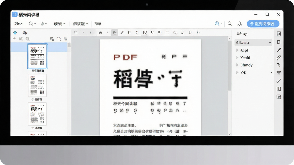 一张展现稻壳阅读器软件界面的全景图,主体为电脑屏幕上打开的稻壳阅读器窗口,左侧显示文档缩略图目录,中间为清晰的PDF文档阅读区域,右侧有标注和书签工具栏,布局整洁,排版层次分明,风格为现代简约科技风,细节包含柔和的蓝色高亮按钮和清晰的文字标签“稻壳阅读器”,画质高清,画面干净,无多余元素
