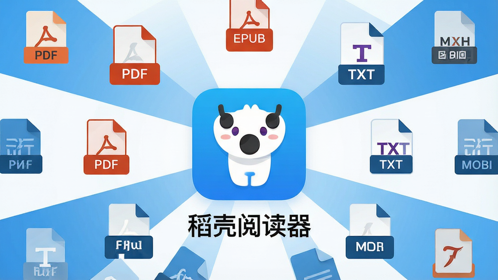 一张展示稻壳阅读器多格式兼容能力的创意图,主体为软件图标位于画面中央,周围环绕着PDF、EPUB、TXT、MOBI等不同格式的文档图标,布局呈放射状排列,排版对称有序,风格为扁平化科技蓝调,细节中软件图标下方有清晰的文字“稻壳阅读器”,画质高清,画面干净,无多余元素