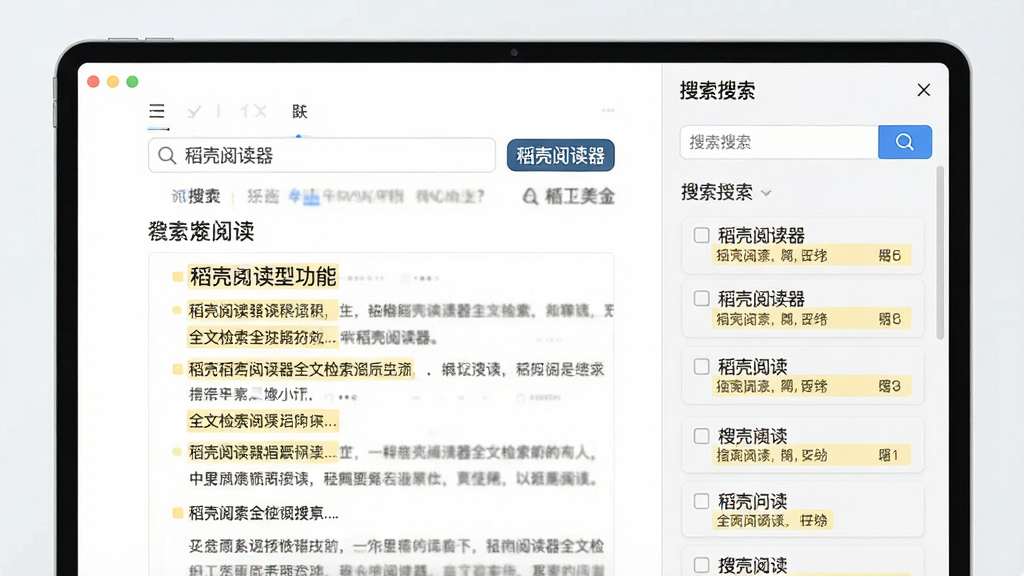 一张表现稻壳阅读器全文检索功能的示意图,主体为文档阅读界面中的搜索框和搜索结果高亮列表,布局为左侧文档内容右侧搜索结果面板,排版清晰,风格为现代商务简约风,细节中搜索框旁有“稻壳阅读器”文字标识,画质高清,画面干净,无多余元素
