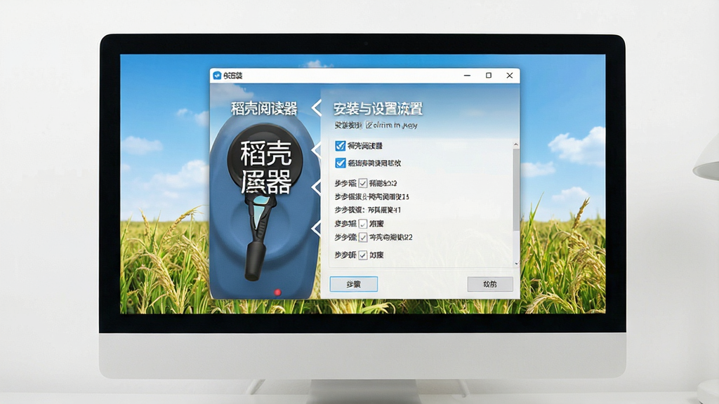 一张表现稻壳阅读器新手安装与设置流程的步骤图,主体为电脑屏幕上的软件安装向导界面,布局为从上到下的步骤指示,排版清晰,风格为简洁明快的教程风,细节中包含“稻壳阅读器”安装界面和勾选框,画质高清,画面干净,无多余元素