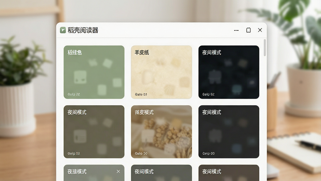 一张展示稻壳阅读器护眼模式与主题切换的界面图,主体为软件设置面板,面板中排列着豆沙绿、羊皮纸、夜间模式等多种主题色块,布局为网格状排列,排版整齐,风格为清新柔和的家居办公风,细节中面板顶部有“稻壳阅读器”标识,画质高清,画面干净,无多余元素
