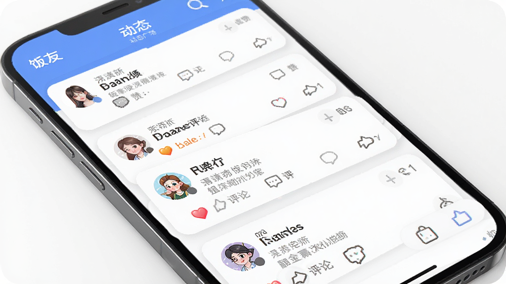 �ֻ���Ļչʾ����APP�Ķ�̬�㳡ҳ�棬����Ϊ�����û���̬��Ƭ������Ϊ���»����б����Ű�������£����Ϊ���ữ�罻���棬ϸ�ڰ�������ͼ�ꡢ�������ݡ��û�ͷ�񣬻��ʸ��壬�ɾ����޶���Ԫ��