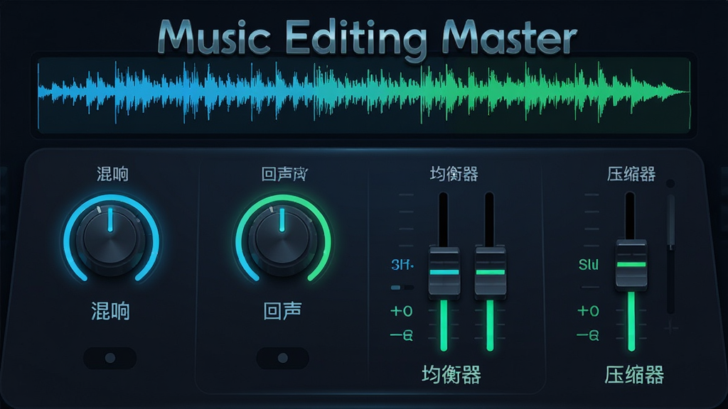 Music Editing Master ��Ч�˾������廭������չʾһ���������̨��壬�����ж����ť�����ӷֱ��ע���졢��������������ѹ������Ч�����ƣ�����Ϸ���ʾ��Ƶ���Σ�������Ϊ�ִ����������������ɫ������ɫ�������޺����̹�ЧΪ������������ʾ