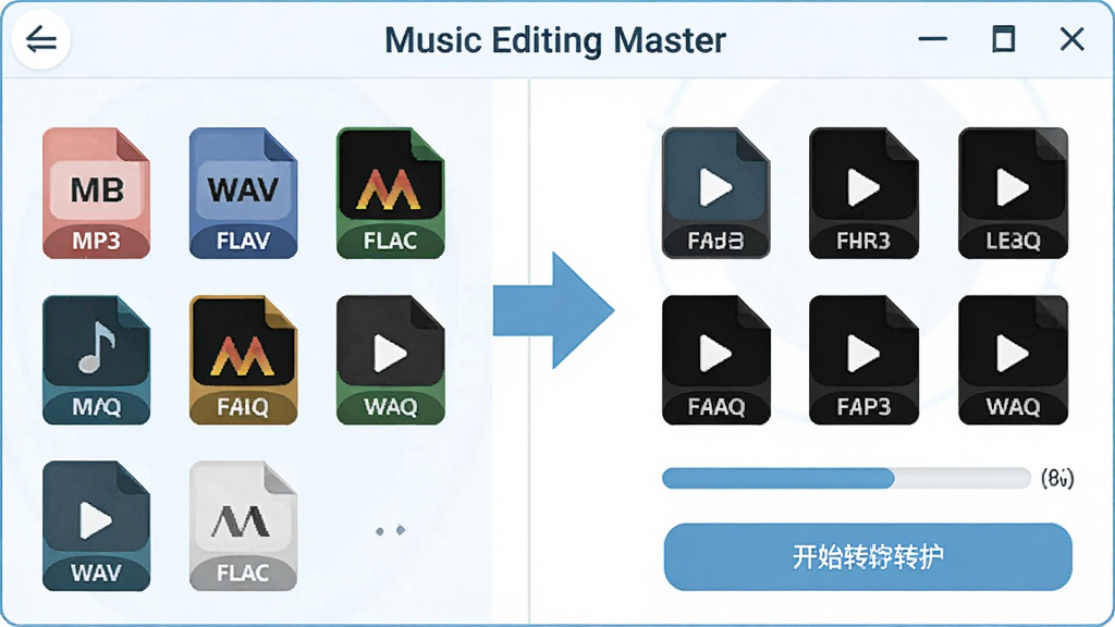 Music Editing Master ��ʽת�����ܽ���廭������չʾһ���ļ��б����ڣ�����Ƕ�����Ƶ��ʽͼ����MP3��WAV��FLAC���У��м������ҵļ�ͷָ���Ҳ�������ʽͼ�꣬�·��н������Ϳ�ʼת����ť��������Ϊ��ƽ����ƣ�ɫ���԰�ɫ��ǳ��ɫΪ������������ʾ