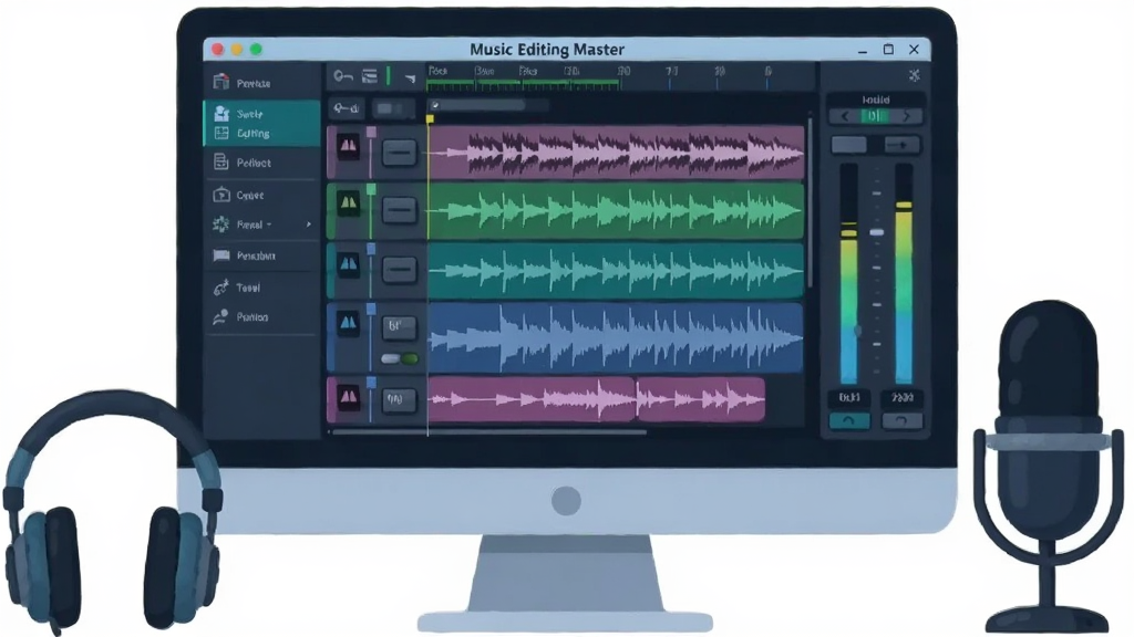 һ��չʾ Music Editing Master ��������������ֲ廭�����������ǵ�����Ļ����Ļ����ʾ�����Ƶ���α༭���棬���Ϊ���ܲ˵������Ҳ�Ϊ����������壬��Ļǰ������һ��������һ֧��˷磬������Ϊ�ִ��Ƽ��б�ƽ�廭��ɫ������������ɫΪ��������ɾ����࣬�޶���Ԫ�أ����廭��