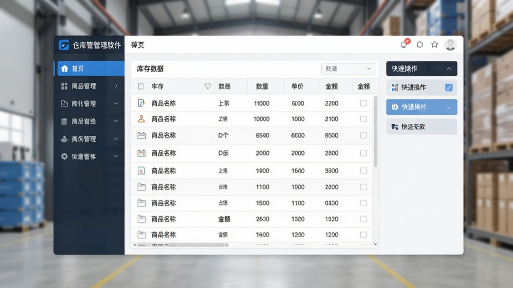 一张展示管家通仓库管理软件主界面的全景图,主体为软件操作界面居于画面中央,布局上左侧为功能导航栏、中间为库存数据表格、右侧为快捷操作面板,排版整齐对称,风格为现代商务科技风,细节包括界面中显示商品名称、数量、单价、金额等中文数据,画质清晰干净无多余元素