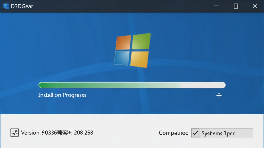 D3DGear软件安装界面与系统兼容性标识,主体是安装进度条和Windows徽标,布局居中,风格简洁商务,细节包括版本号和兼容勾选,画质清晰,干净无多余元素