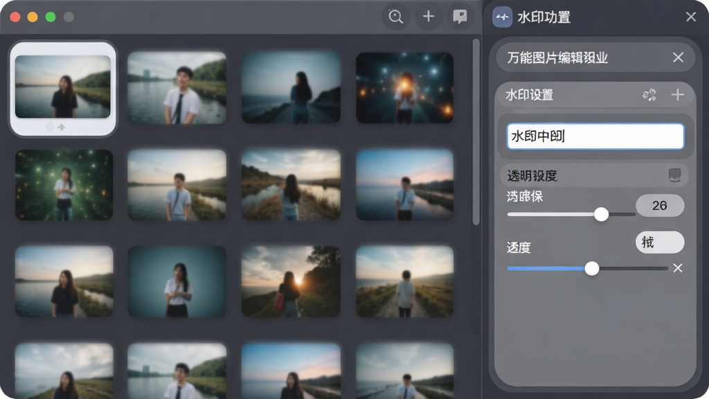 一张展示万能图片编辑器批量水印功能的界面,画面中多张图片缩略图排列在左侧,右侧是水印设置面板,布局为列表加参数区,风格柔和圆角,细节包含文字水印输入框与透明度滑块,画质清晰,干净,无多余元素