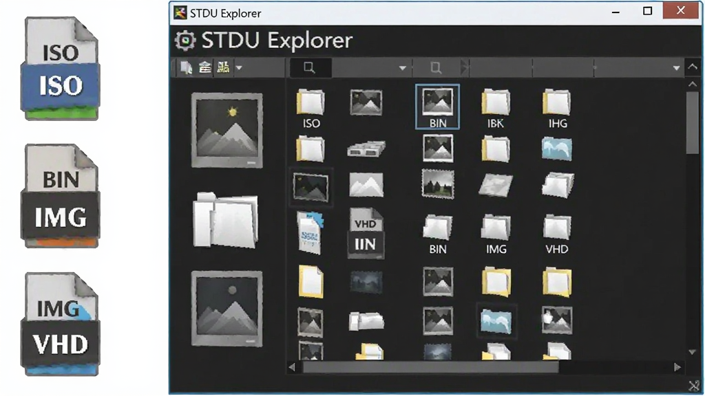 一张展示 STDU Explorer 软件功能的示意图,画面中央是软件主界面,左侧显示多个镜像文件格式图标如 ISO、BIN、IMG、VHD,右侧显示文件列表,软件名称“STDU Explorer”显示在标题栏,背景为干净白色,风格为简洁科技感,细节包括格式图标和文件缩略图,画质清晰,干净,无多余元素