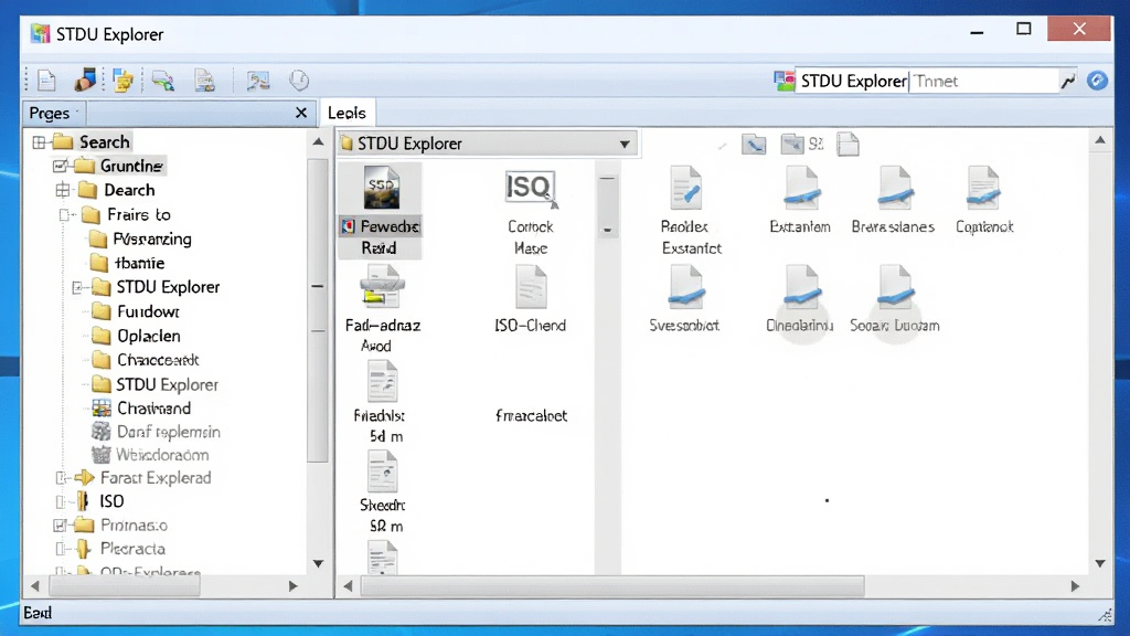 一张 STDU Explorer 软件功能展示图,画面中软件界面显示正在浏览一个 ISO 镜像文件,左侧目录树展开,右侧文件列表显示多个文件,顶部搜索框输入关键词,界面风格为 Windows 原生风格,背景为浅蓝色渐变,细节包括文件图标、搜索高亮效果,画质清晰,干净,无多余元素