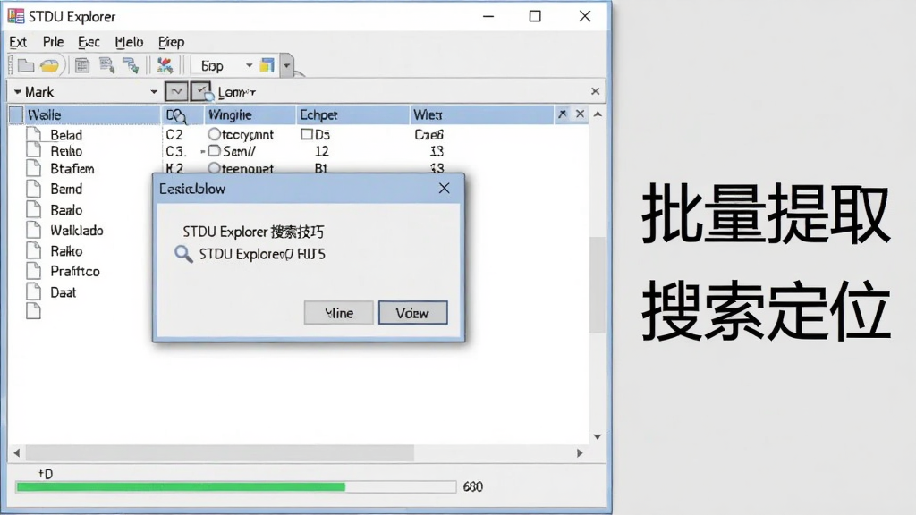 一张 STDU Explorer 使用技巧示意图,画面中显示软件界面正在提取文件,弹出保存对话框,界面右侧有提示文字“批量提取”“搜索定位”等,背景为浅灰色,风格为简洁教程风格,细节包括文件列表和进度条,画质清晰,干净,无多余元素