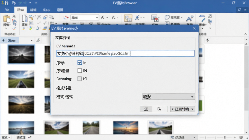 一张展示EV图片浏览器批量处理功能的图片,主体为软件界面中批量重命名对话框与图片列表,布局为对话框居中、列表背景展示,排版规整,风格为办公软件风,细节包含文件名输入框、序号递增选项、格式转换下拉菜单,画质高清,干净,无多余元素