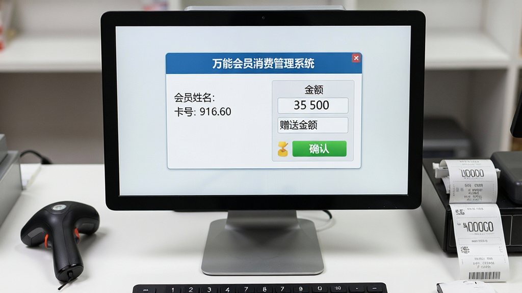 一张特写画面,画面中央是一张会员储值卡和一台显示充值界面的电脑屏幕,屏幕上有