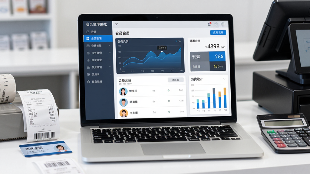 一台打开的笔记本电脑放在收银台上,屏幕上显示会员管理系统的数据看板界面,左侧是功能菜单,右侧是会员列表和消费统计图表,画面中有会员卡、收银小票、计算器等元素,整体布局为横向宽幅构图,风格为简洁商务科技风,细节包含蓝色数据曲线、会员头像列表、充值金额数字,画质清晰锐利,画面干净,无多余元素