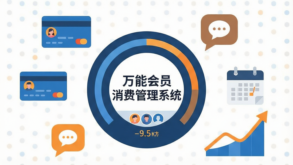 一张信息图表风格的插图,画面主体是一个圆形数据仪表盘,周围环绕会员卡图标、短信气泡图标、日历提醒图标和上升的营业额曲线,中心位置有