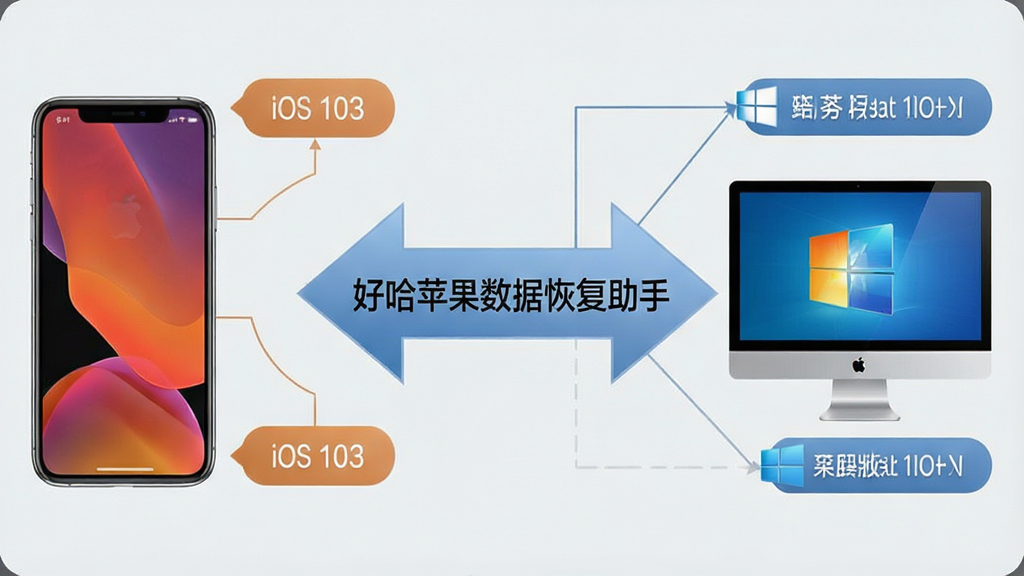 好哈苹果数据恢复助手兼容性展示图,画面左侧是苹果手机与不同iOS版本号标签,右侧是Windows电脑与不同系统版本标签,中间用双向箭头连接,箭头中央标注“好哈苹果数据恢复助手”字样,背景为浅灰色,风格为商务信息图,细节上版本号标签采用圆角矩形,画质清晰,画面干净,无多余元素