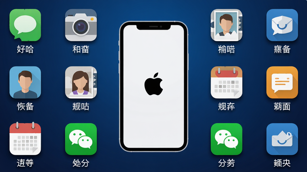 好哈苹果数据恢复助手支持的数据类型展示图,画面中央是一个苹果手机轮廓,手机周围环绕着各类数据图标,包括短信气泡、相机照片、通讯录头像、日历、微信图标等,每个图标下方标注对应数据类型名称,背景为深蓝色渐变,风格为现代扁平化图标设计,细节上图标带有轻微投影,画质高清,画面干净,无多余元素