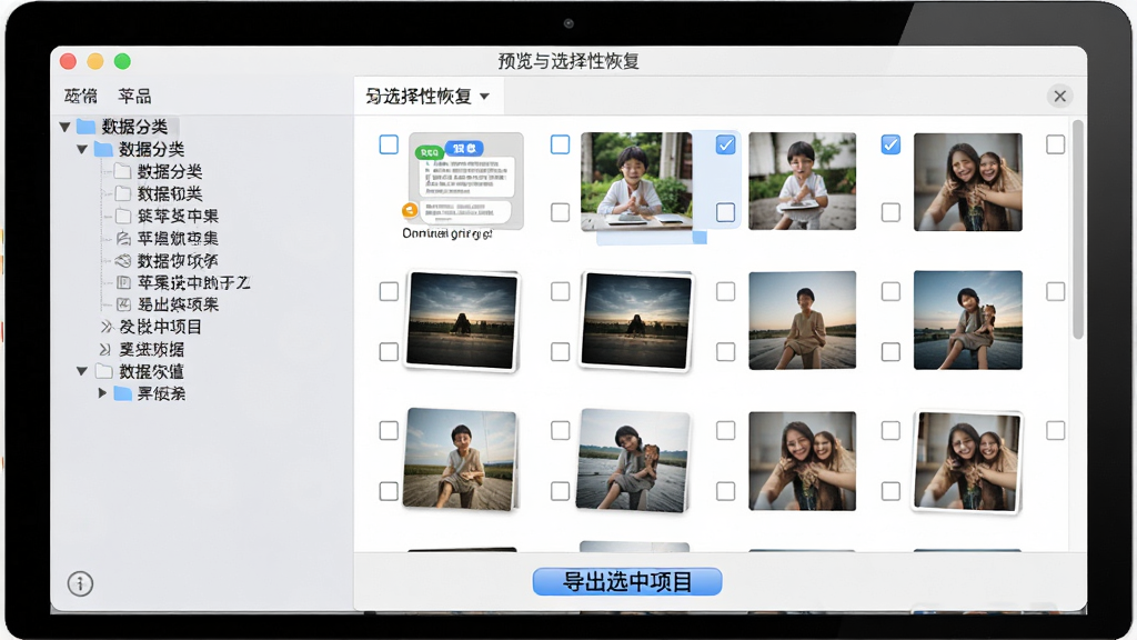 好哈苹果数据恢复助手预览与选择性恢复界面,画面展示一个电脑屏幕,屏幕上左侧是数据分类树形菜单,右侧是短信和照片的缩略图列表,每个条目前方有复选框,底部有“导出选中项目”按钮,界面风格为清爽的浅色主题,细节上缩略图清晰可辨,画质高清,画面干净,无多余元素