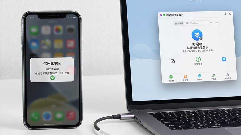 好哈苹果数据恢复助手连接设备与信任提示操作示意图,画面展示一部苹果手机屏幕弹出“信任此电脑”对话框,旁边有一根数据线连接着笔记本电脑,电脑屏幕上显示好哈苹果数据恢复助手的连接状态界面,背景为简洁的桌面环境,风格为写实科技风,细节上手机屏幕内容清晰可见,画质高清,画面干净,无多余元素