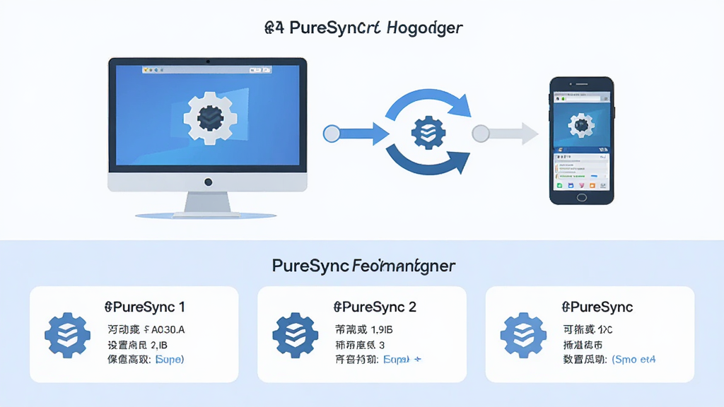 主体为PureSync使用经验技巧示意图,布局采用上下结构,上方展示电脑端与移动端同步连接场景,下方展示常用设置选项卡片,排版简洁,风格为扁平化插画风,细节包括电脑、手机、同步箭头、齿轮图标,画质高清,干净,无多余元素