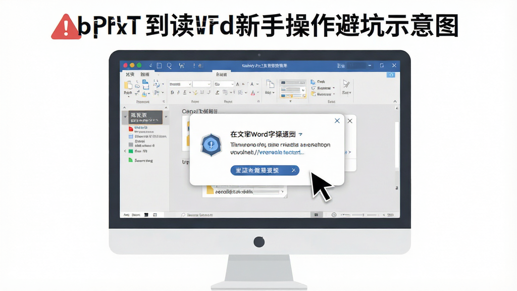 读取ppt文字到word新手操作避坑示意图,主体为电脑屏幕显示软件界面与提示弹窗,布局为居中构图,排版清晰,风格为扁平化办公插画,细节包含红色警告图标、蓝色提示图标、鼠标指针、文件路径,画质高清,画面干净,无多余元素