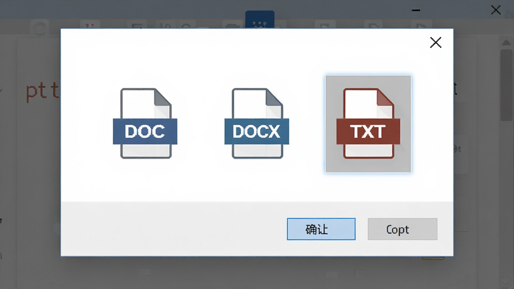 读取ppt文字到word多格式导出选择界面,主体为软件弹窗中显示DOC、DOCX、TXT三种导出格式图标,布局为居中弹窗,排版对称,风格为简洁商务风,细节包含文件格式图标、确认取消按钮、高亮选中状态,画质高清,画面干净,无多余元素
