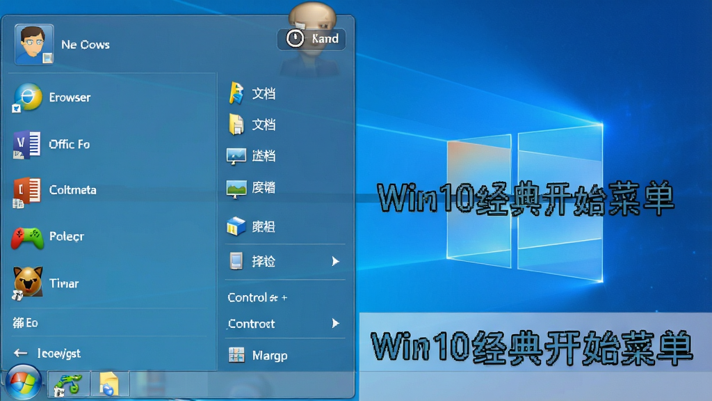 一张展示Windows 10电脑桌面的截图,画面中央是经典的Windows 7风格开始菜单,菜单呈半透明蓝色,左侧列出常用程序如浏览器、办公软件、游戏图标,右侧是系统快捷入口如文档、图片、控制面板,菜单上方显示用户头像和关机按钮,整体布局清晰,风格复古,背景是简洁的Windows 10默认壁纸,画质清晰,干净无多余元素,图片中带有文字