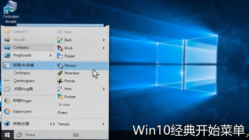 一张电脑屏幕截图,展示Windows 10桌面左下角开始按钮被点击后弹出的经典开始菜单,菜单中高亮显示