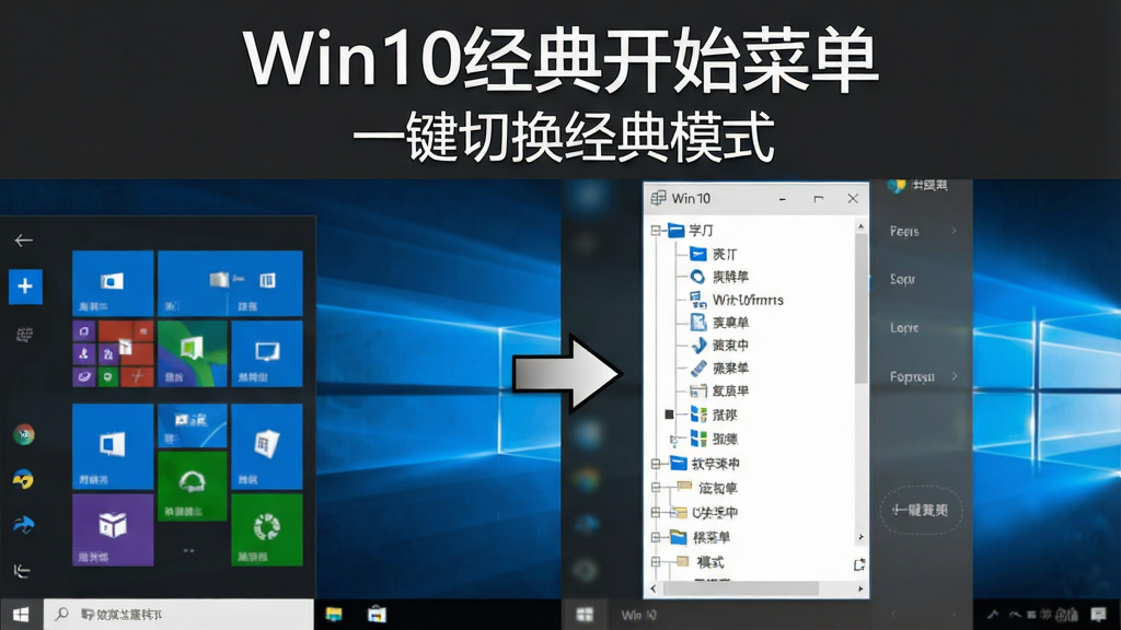 一张软件功能展示图,画面分为左右两部分,左侧展示Windows 10默认的磁贴开始菜单,右侧展示Win10经典开始菜单的树状列表界面,中间用箭头连接表示切换效果,背景为深灰色,图片上方有文字