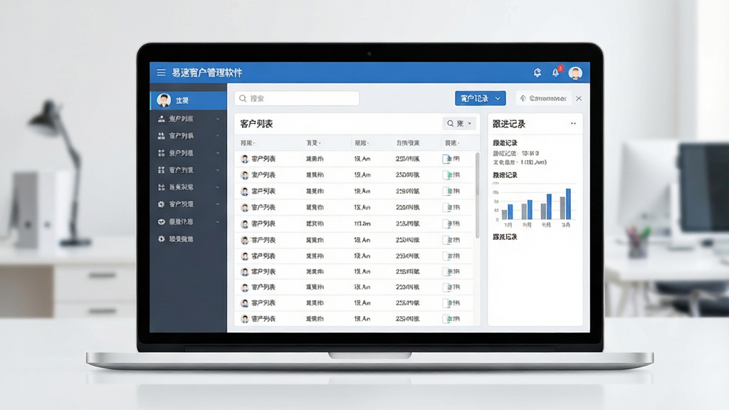 软件全貌展示图,画面中央是一台打开的笔记本电脑,屏幕上显示“易速客户管理软件”的主界面,左侧为功能导航栏,中间为“客户列表”表格,右侧为“跟进记录”面板,整体布局整齐有序。风格为现代简约商务风,配色以蓝白灰为主,细节包含头像图标、搜索框、数据图表等元素,画质清晰,画面干净,无多余装饰,适合软件下载站展示。