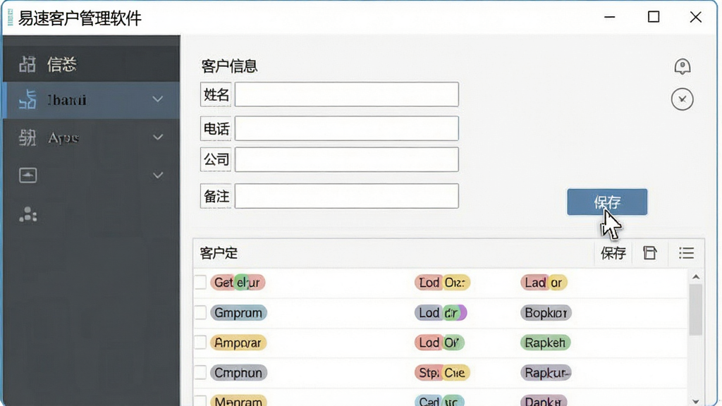 客户资料管理界面展示图,画面主体为“易速客户管理软件”的客户信息录入窗口,窗口内包含姓名、电话、公司、备注等输入框,下方为已保存的客户列表,列表带有彩色标签分类。布局采用左右分栏结构,风格为清爽办公风,细节包含鼠标指针悬停在保存按钮上,画质清晰,画面干净,无多余元素。
