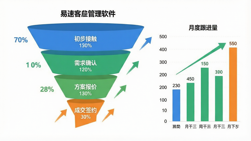 销售漏斗数据统计图,画面中央为“易速客户管理软件”的销售漏斗图表,漏斗从上到下分为四个层级,分别标注“初步接触”“需求确认”“方案报价”“成交签约”,右侧配有柱状图展示月度跟进量。风格为扁平化数据可视化,配色以蓝、绿、橙区分层级,细节包含百分比数字和趋势箭头,画质清晰,画面干净,无多余元素。
