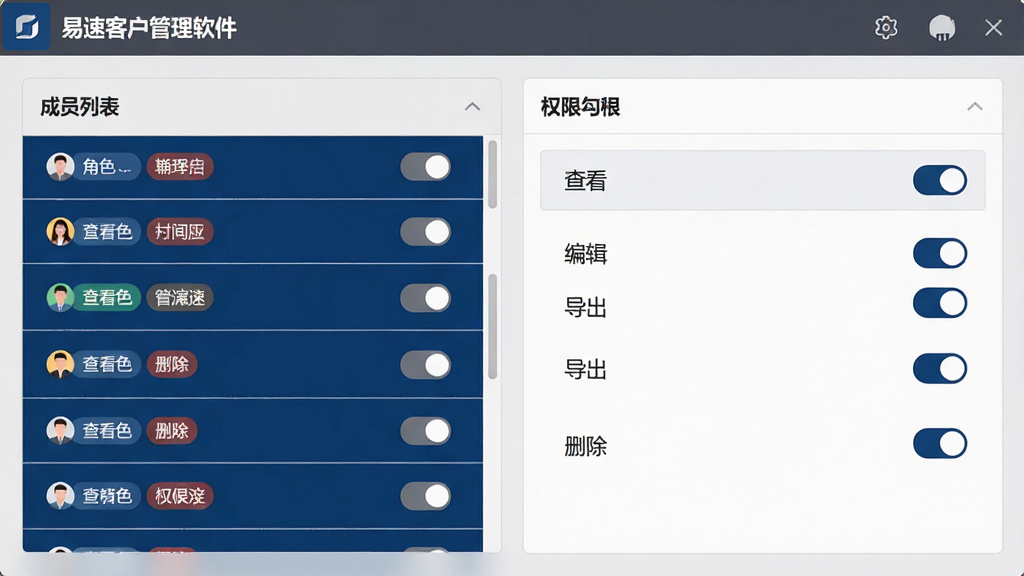 团队协作权限设置界面图,画面展示“易速客户管理软件”的用户管理页面,左侧为成员列表,右侧为权限勾选框,包含“查看”“编辑”“导出”“删除”等选项。布局为左右结构,风格为简洁商务风,配色以灰白和深蓝为主,细节包含角色标签和开关按钮,画质清晰,画面干净,无多余元素。