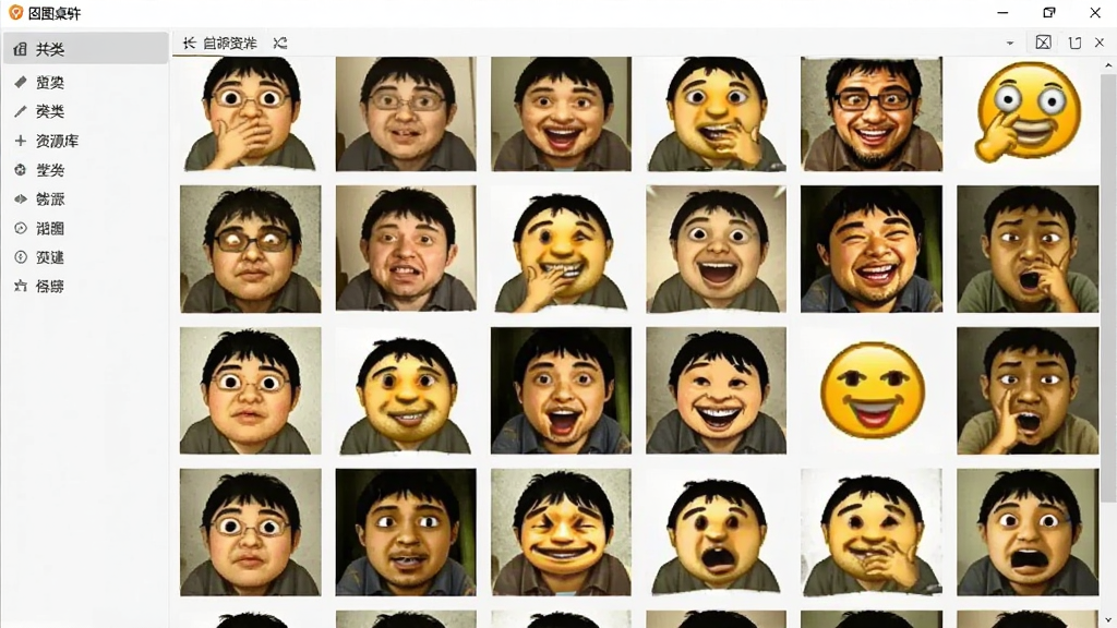 一张展示图桌面软件资源库界面的图片,画面以网格形式排列大量搞笑图片和表情包,主体是丰富的图缩略图,布局为瀑布流式,排版紧凑,风格活泼,细节包含分类导航栏,画质清晰,干净,无多余元素