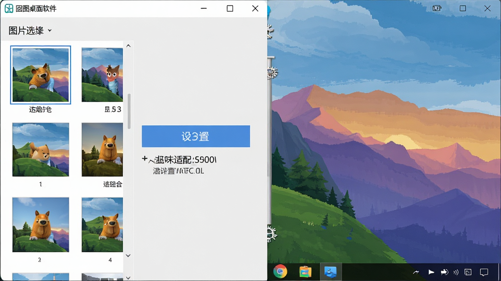 一张展示图桌面软件一键设置壁纸功能的图片,画面主体是软件界面中的设置按钮和桌面预览效果,布局左侧为图片选择区右侧为桌面预览,排版简洁,风格直观,细节包含分辨率适配提示,画质高清,干净,无多余元素