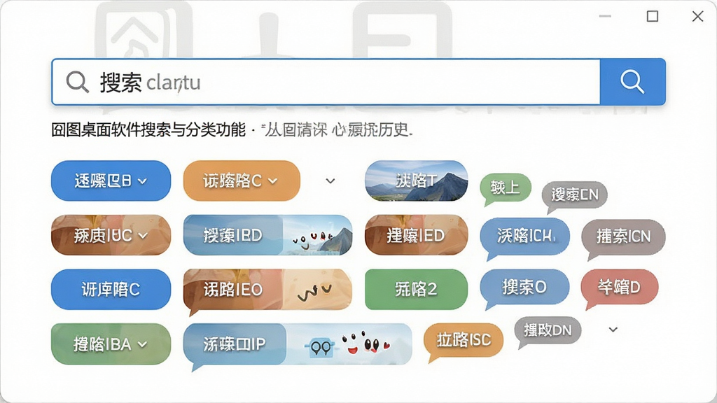 一张展示图桌面软件搜索与分类功能的图片,画面主体是搜索框和分类标签云,布局顶部为搜索栏下方为分类按钮组,排版清晰,风格现代,细节包含搜索历史记录,画质清晰,干净,无多余元素