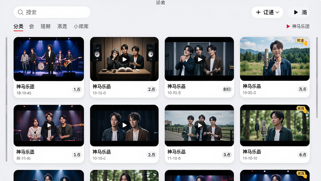 神马乐团MV客户端海量MV资源库界面,主体为视频缩略图网格墙,每张缩略图展示不同MV的封面画面,包含神马乐团成员在舞台、录音室、户外等场景。布局为整齐的网格排列,顶部有搜索框和分类标签。排版清晰,每张缩略图下方显示歌曲名称和时长。风格为清新现代的数字媒体库风格,浅色背景配以圆角卡片设计。细节包括滚动条、筛选按钮、播放量标签,画面干净无杂乱元素。画质为高清,色彩鲜明,整体呈现丰富的内容储备感。