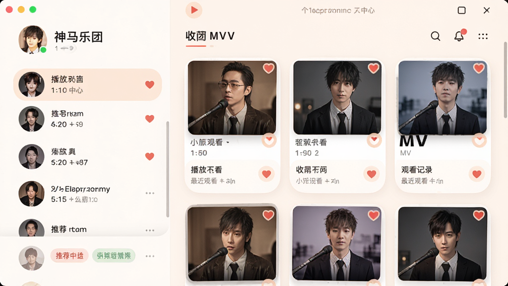神马乐团MV客户端个性化播放列表与收藏界面,主体为软件的个人中心页面,左侧为播放列表目录,右侧为收藏的MV封面展示。布局为分栏式,上方有用户头像和昵称。排版整齐,收藏的MV以卡片形式排列,带有心形收藏图标。风格为温馨舒适的浅色主题,柔和圆角设计。细节包括播放次数统计、最近观看记录、推荐标签,画面干净无多余元素。画质为高清,色彩柔和,体现个性化服务。