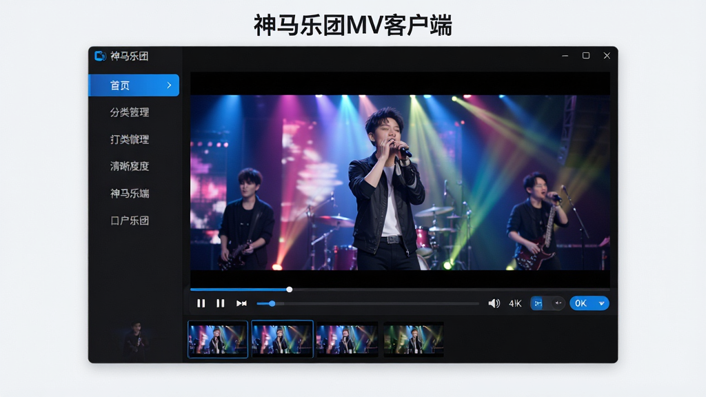 神马乐团MV客户端软件界面全貌展示,主体为电脑桌面上的视频播放器窗口,窗口内正在播放神马乐团的高清MV画面,歌手在舞台上演唱,背景有炫彩灯光。布局居中,上方为软件名称“神马乐团MV客户端”文字标识,下方为播放控制栏与MV缩略图列表。排版为横向宽屏布局,左侧为分类导航,右侧为视频播放区域。风格为现代简约科技感,深色主题界面配以蓝色高亮按钮。细节包括播放进度条、音量图标、全屏按钮、清晰度切换菜单,画面干净整洁。画质为4K超高清,无多余元素,整体视觉专业且吸引人。