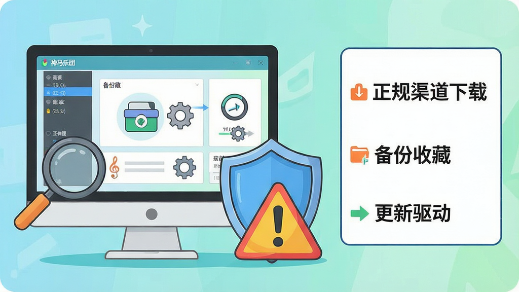 神马乐团MV客户端新手避坑指南示意图,主体为电脑屏幕显示软件界面,旁边有一个卡通风格的安全盾牌图标和警告标志。布局为左右分栏,左侧为软件操作界面,右侧为提示文字框。排版清晰,文字框内列出“正规渠道下载”“备份收藏”“更新驱动”等要点。风格为扁平化插画风格,色彩明快。细节包括放大镜、齿轮、备份图标,画面干净无多余元素。画质为高清矢量风格,整体传递安全使用理念。